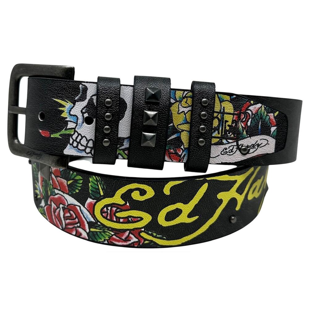 Ed Hardy Men's Skulls and Roses Printed Black Belt With Rivet Studs